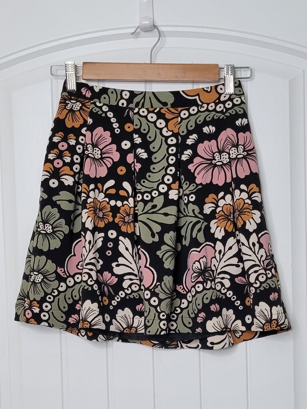 H&M Floral A-Line Mini Skirt Black with Pink & Green Floral Print